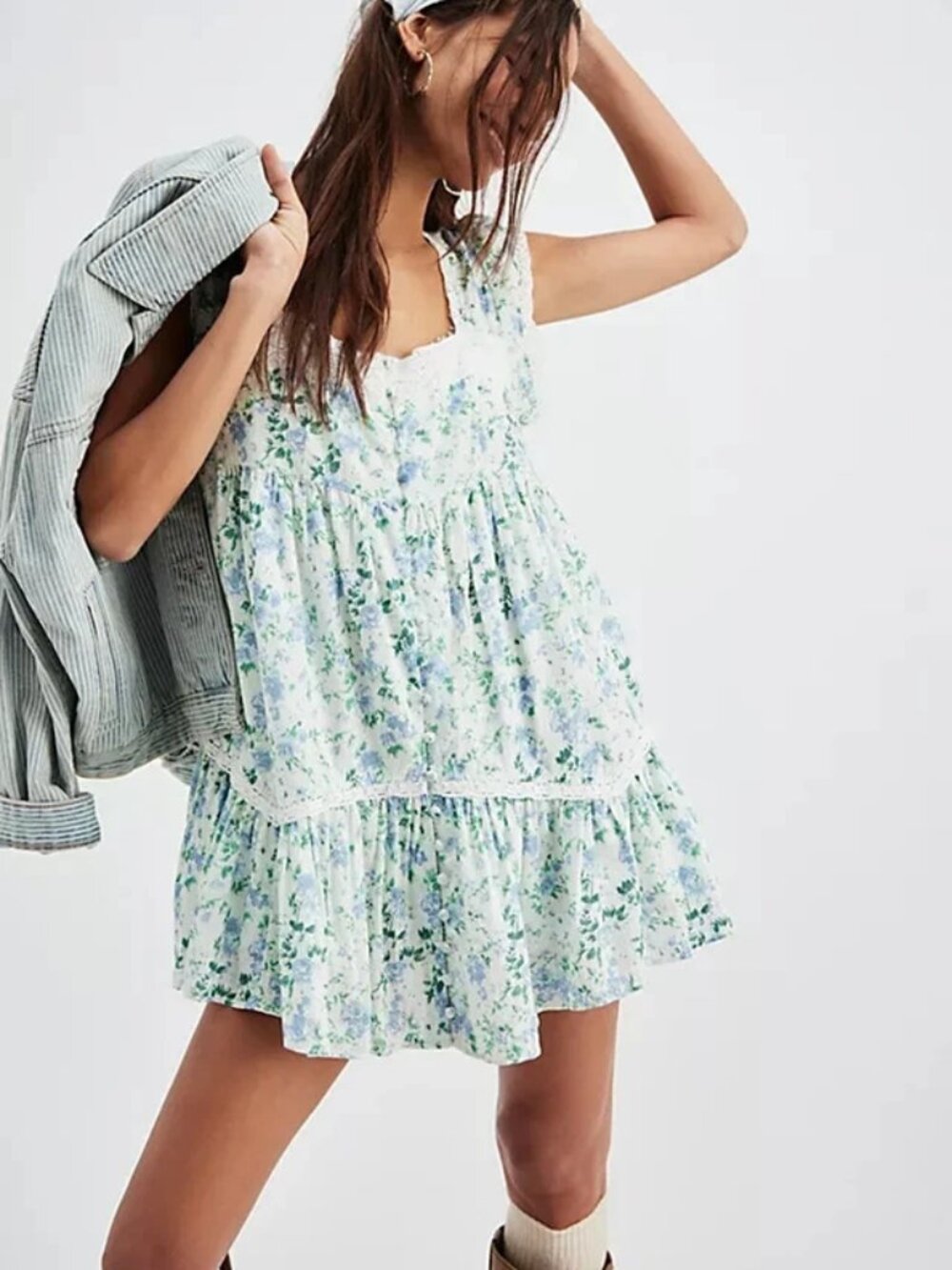 Free People Alessia Printed Mini Dress Flutter Sleeve Buttondown Lace S